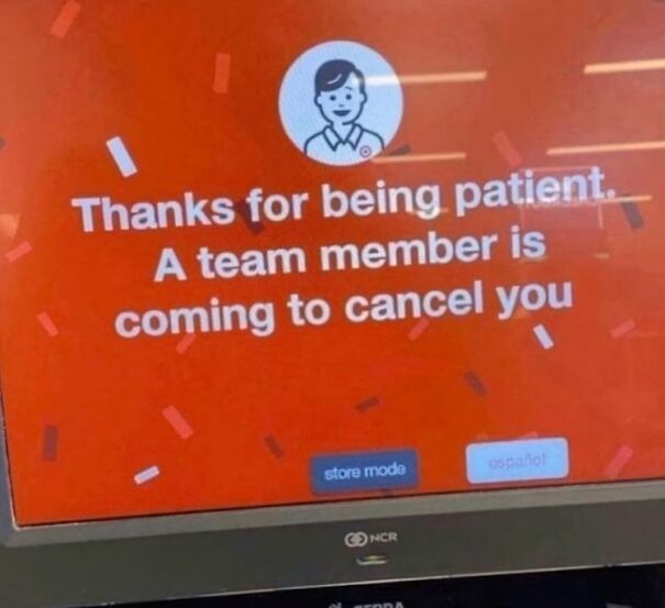 Funny and baffling uses of English shown on a red screen with a humorous translation error about canceling a customer.