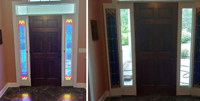 Side-by-side comparison of DIY stained glass window panels around a wooden door with natural light filtering through.