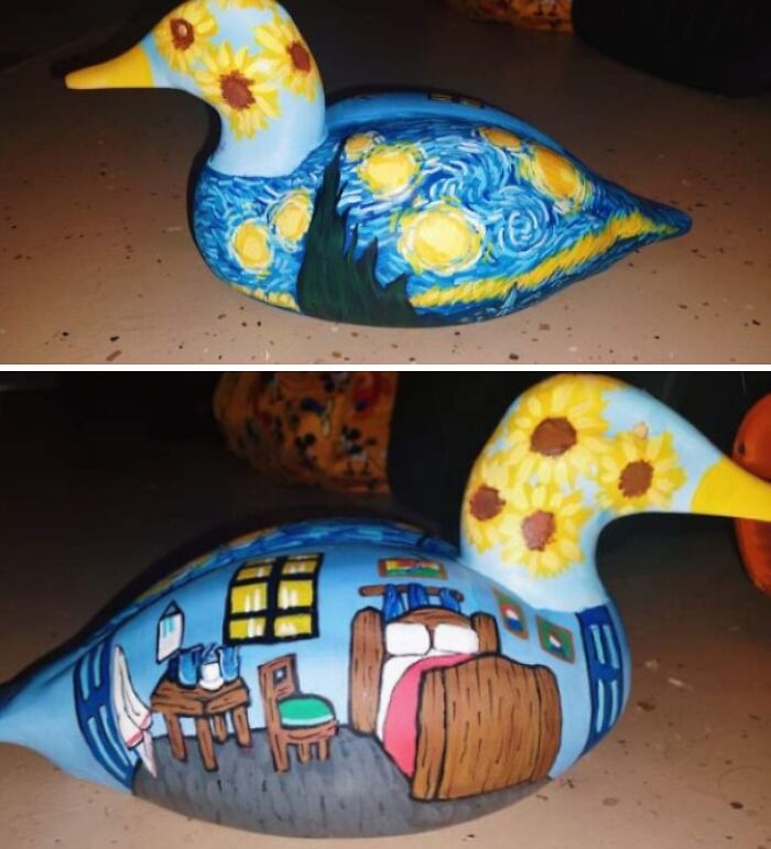 Hand-painted DIY duck sculpture featuring sunflowers and a detailed interior scene, showcasing creative DIY projects.