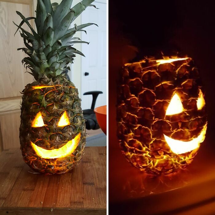 Carved pineapple DIY project glowing like a jack-o-lantern, showcasing creative and unusual homemade decoration ideas.