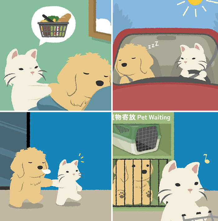 Cute human-like animals in fun comics showing a cat and dog in everyday humorous situations.