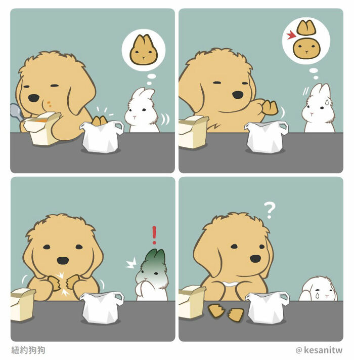 Cute human-like dog and rabbit in a fun comic strip sharing a meal with expressive emotions at a table.