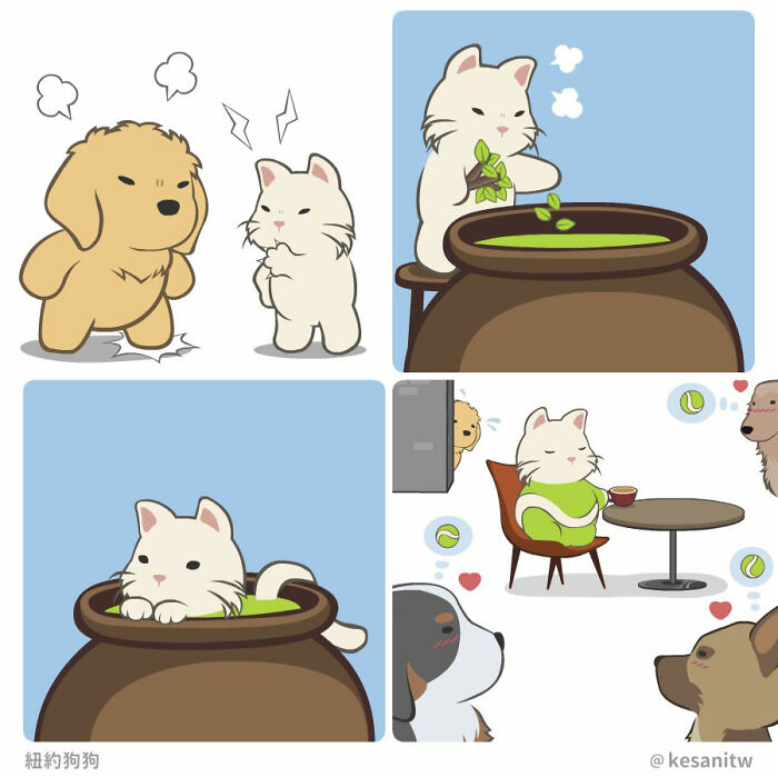 Cute human-like animals in fun comics by Kesanitw, featuring a dog and cat in playful and cozy scenes.