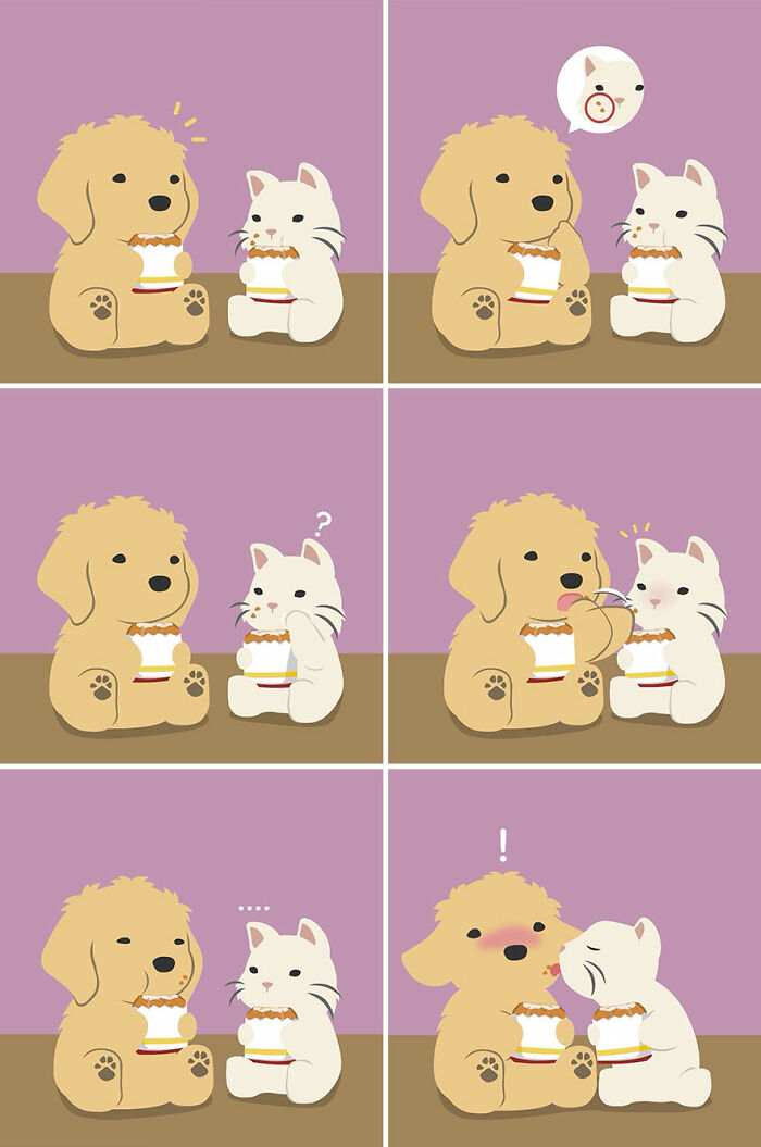 Cute human-like dog and cat characters sharing cookies in a fun comic strip with playful and sweet expressions.