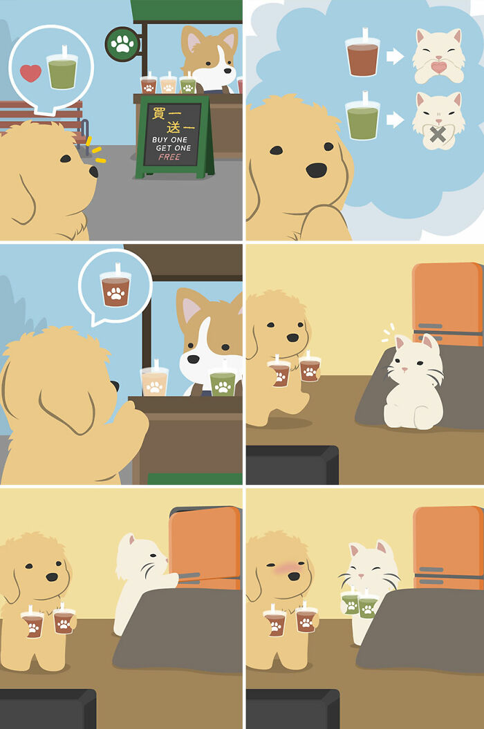 Cute human-like animals enjoy drinks together in a fun comic featuring a dog and cat sharing bubble tea.