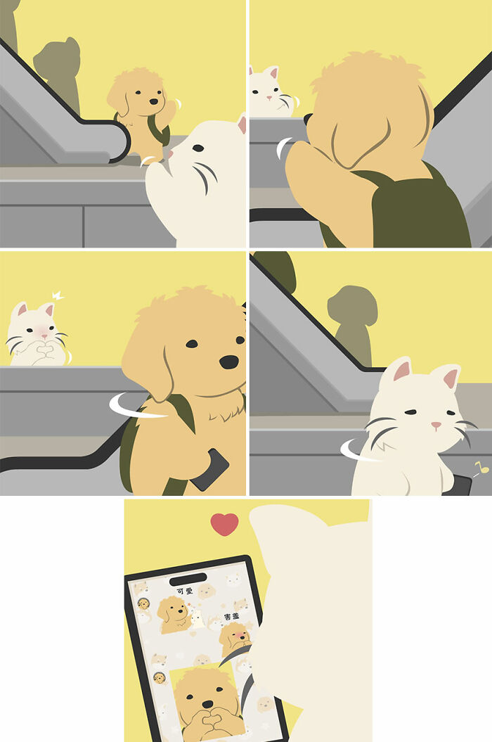 Comic strip showing cute human-like animals, a dog and cat, interacting and using a phone with animal stickers.