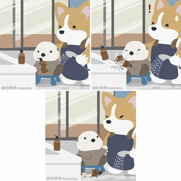 Cute human-like animal comics by Kesanitw showing a dog and otter in a funny soap dispenser mishap scene.