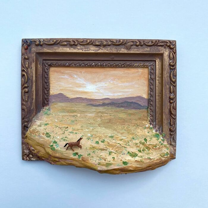 Sculptural painting of a nature scene with a horse in a field, blending painting and sculpture by a Brooklyn artist.