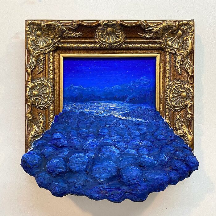 Three-dimensional painting and sculpture blend in a stunning blue nature scene with textured river and night sky.