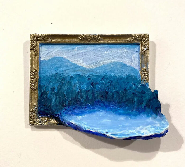 Small mixed media nature scene blending painting and sculpture with mountains and a lake by a Brooklyn artist.
