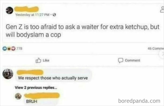 Social media post humor highlighting Gen Z attitudes, with comments about respect and a playful reaction, featuring random Gen-Z memes.