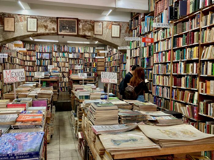 Cozy and grandiose library filled with shelves and tables of books and magazines from around the world, with visitors browsing.