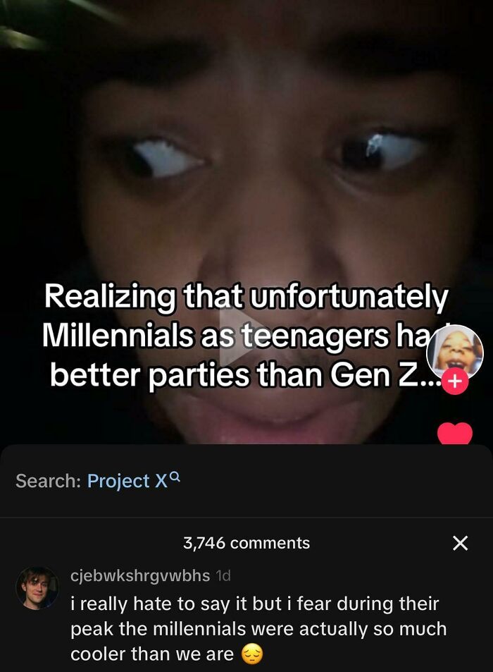 Close-up of a person with a concerned expression reacting to a meme about Gen Z and Millennials in random Gen-Z memes.