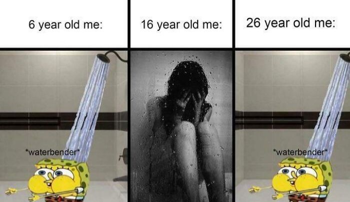 A meme showing the evolution of a person at ages 6, 16, and 26 with SpongeBob and emotional shower scenes for Gen-Z memes.