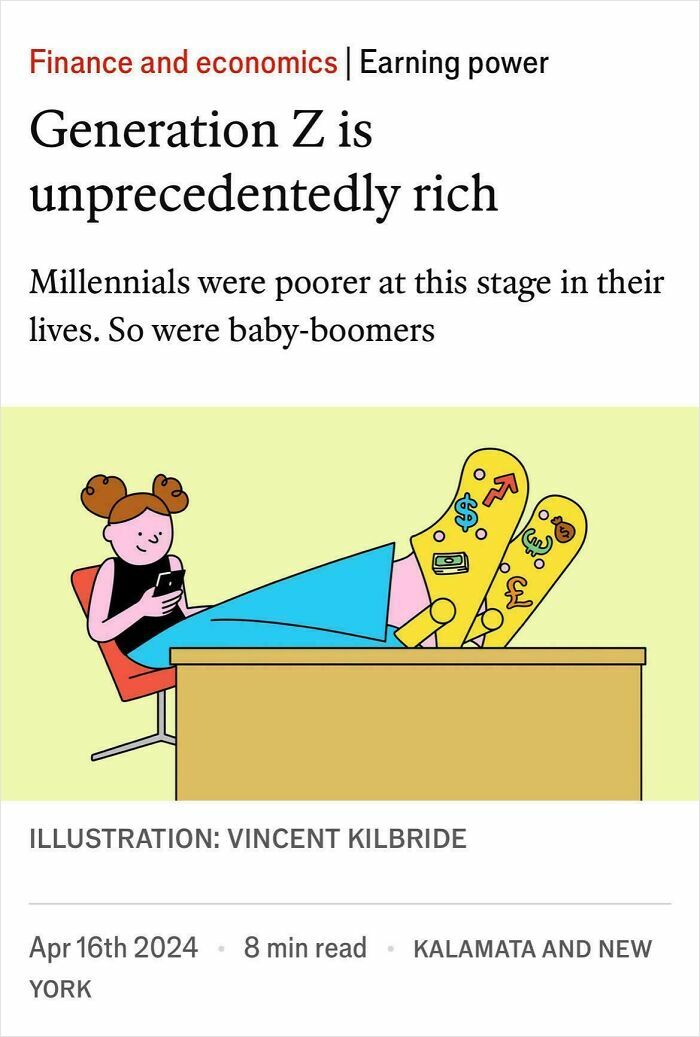 Illustration of a relaxed person with money symbols on their feet representing Gen Z earning power and wealth in modern finance.