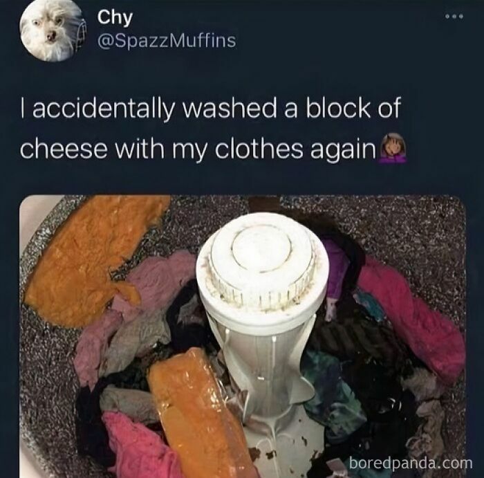 Washed block of cheese mixed with colorful clothes inside a washing machine drum, a disgusting food pic impacting appetite.