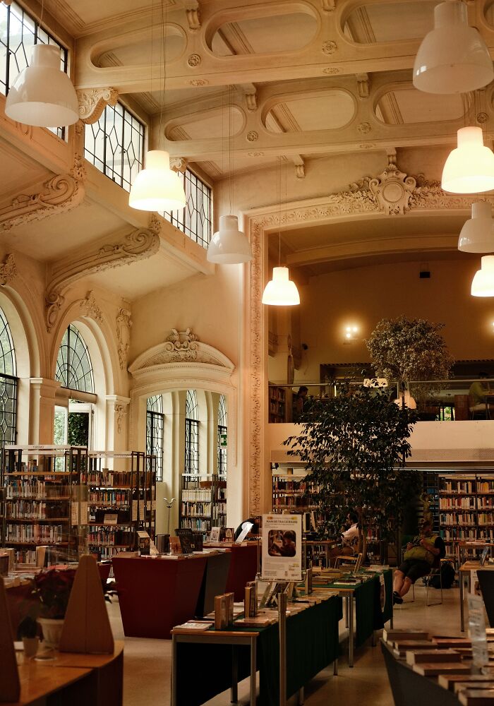 Elegant historic library interior with arched windows, bookshelves, and hanging lights showcasing stunning and impressive bookstores.
