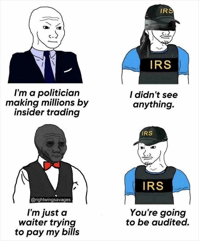 Meme featuring characters representing a politician, IRS agents, and a waiter highlighting unfair auditing, Gen-Z memes style.