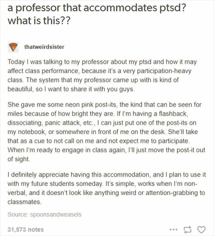 Professor shows love and care for students by accommodating PTSD with a thoughtful, supportive participation system in class.