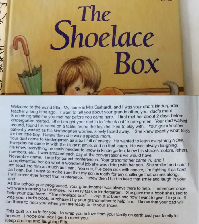 Book The Shoelace Box and heartfelt letter from a kindergarten teacher showing love for students and chosen profession.