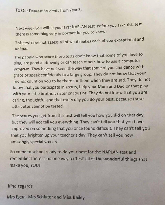 Encouraging letter from teachers to students about self-worth beyond test scores, showing love for their chosen profession.