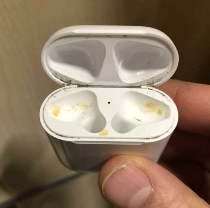 Dirty and damaged wireless earbud case showing infuriating pics of people damaging things they borrowed.