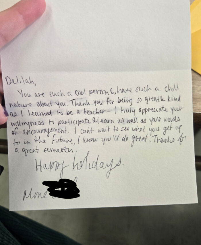 Handwritten note showing love and appreciation from a teacher to a student, highlighting kindness and encouragement.