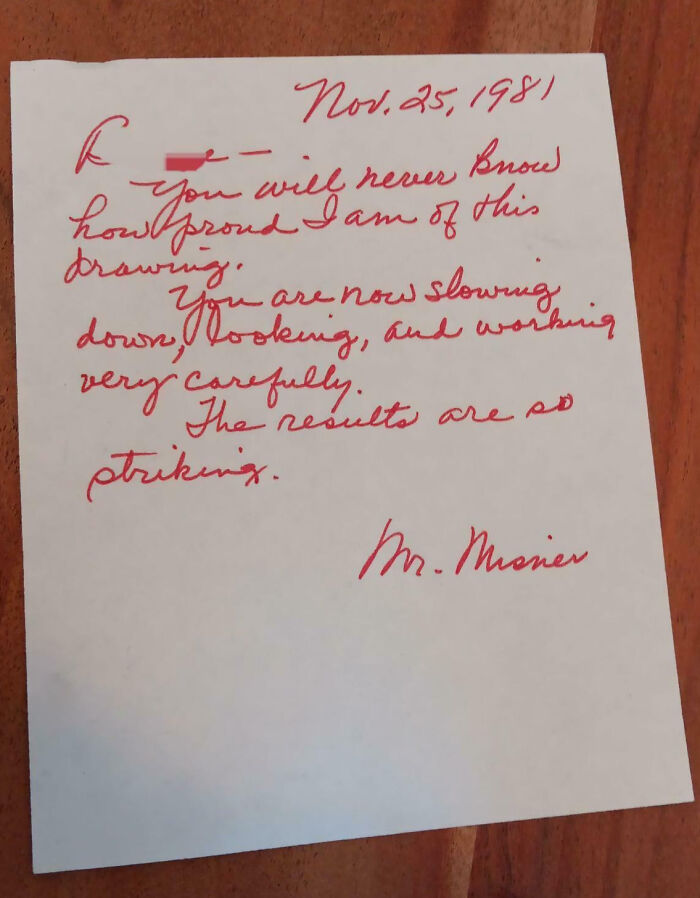 Handwritten note from a teacher praising student progress, showcasing love and dedication to the teaching profession.