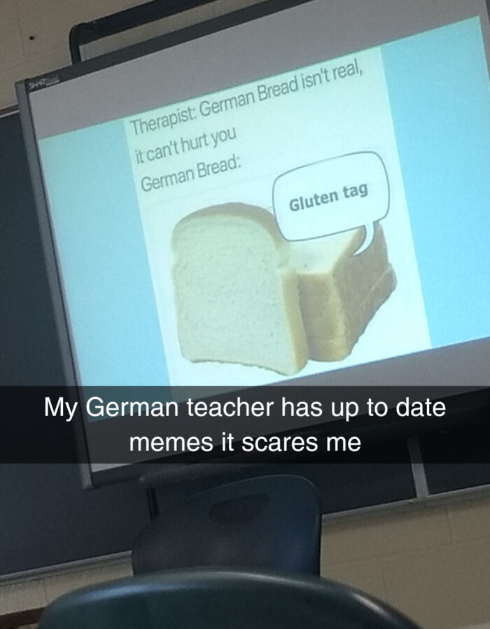 German teacher sharing a humorous meme about bread allergies, showing love and dedication to students and teaching profession.