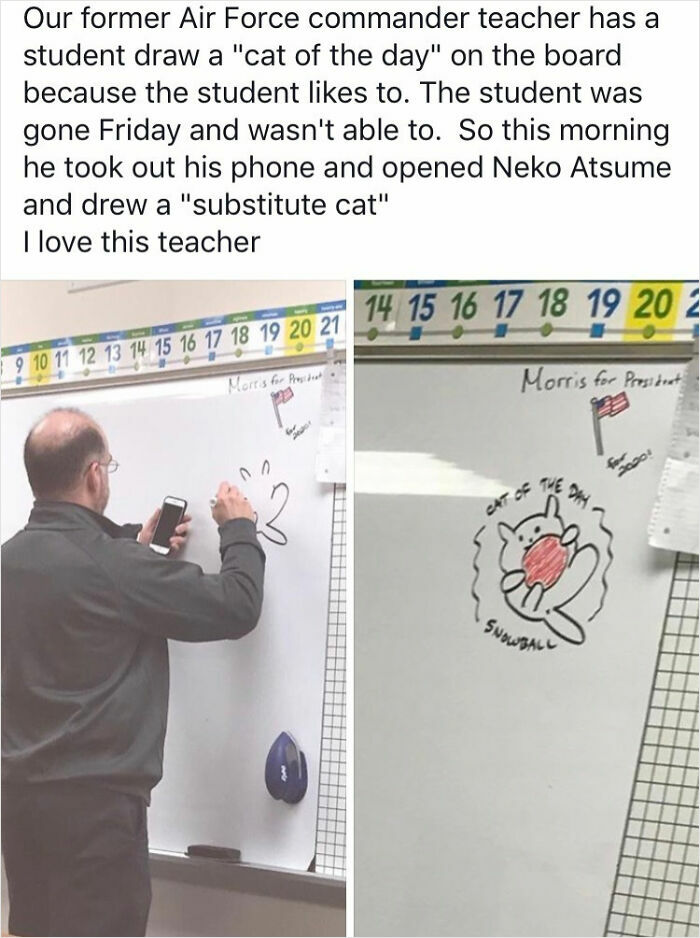 Teacher drawing a substitute cat on the board, showing love for students and dedication to the teaching profession.