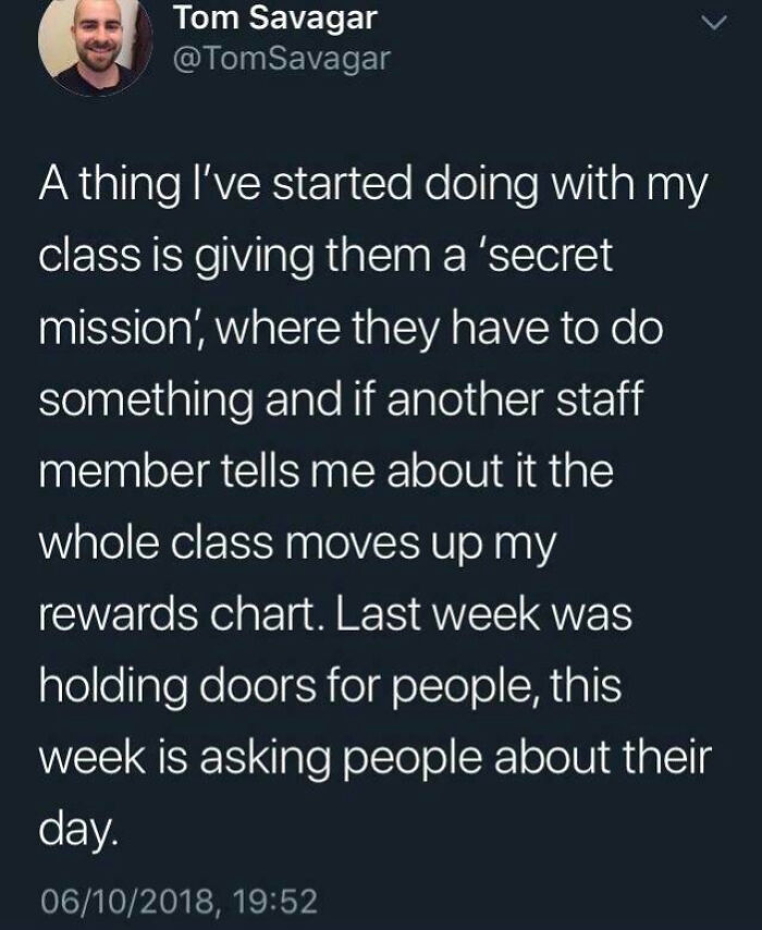 Teacher shares secret missions to encourage kindness and boost class rewards, showing love for students and teaching profession.