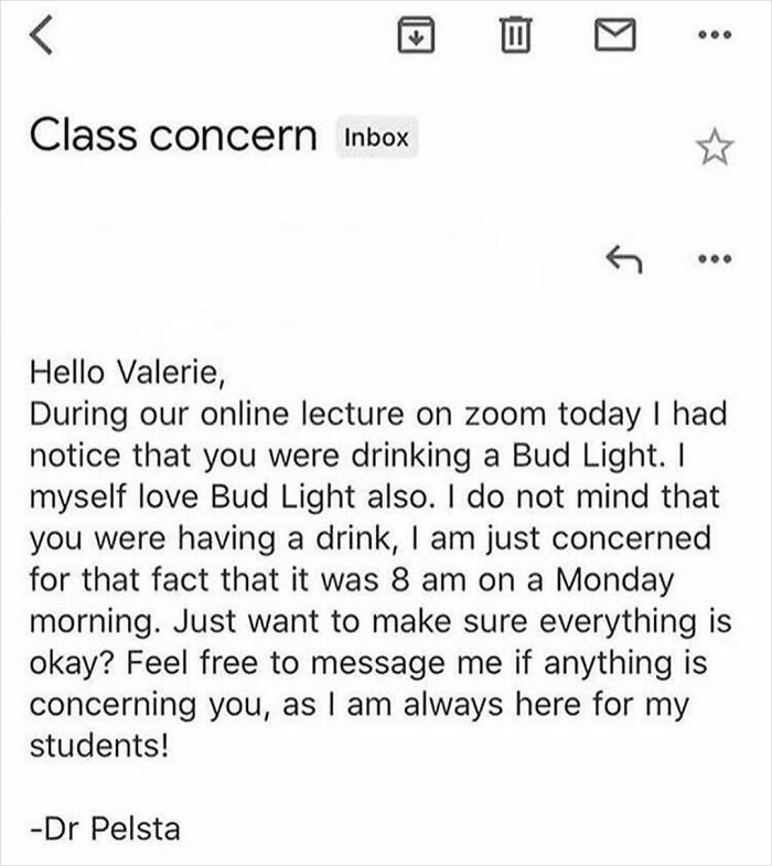 Email from a caring teacher expressing concern for a student during an online lecture, showing love for students.