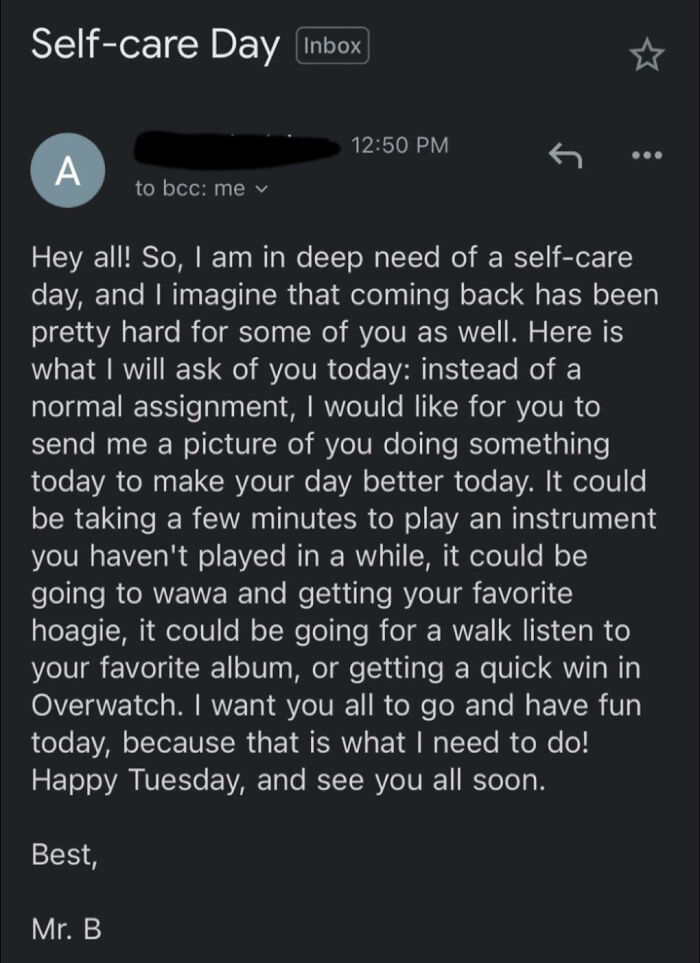 Email from a teacher encouraging students to practice self-care and share activities that make their day better.