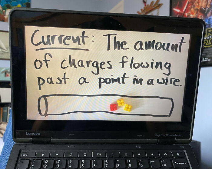 Laptop screen showing a teacher’s handwritten lesson explaining electric current with colorful blocks on a wire diagram.