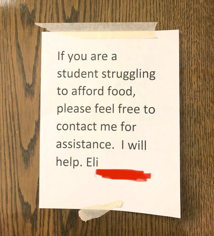 Note offering food assistance to students struggling, showing teacher dedication and love for their students and profession.