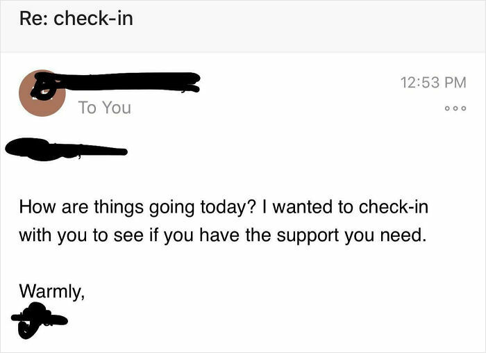Screenshot of a teacher's supportive email checking in with a student to offer help and encouragement.