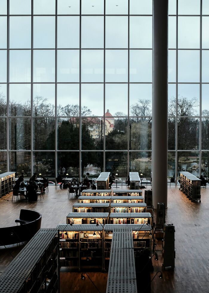 Modern library with large glass windows, filled with bookshelves and people reading in a cosy grandiose setting.