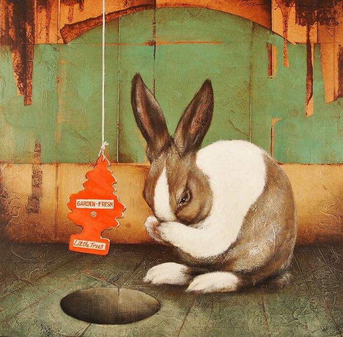 Surreal animal painting of a rabbit with a hanging air freshener, capturing dreamy storybook-like surrealism.