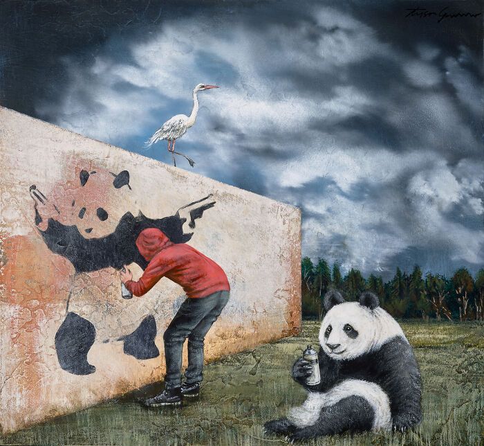 Surreal animal painting of a person spray-painting a panda with a gun on a wall while a panda holds spray paint.