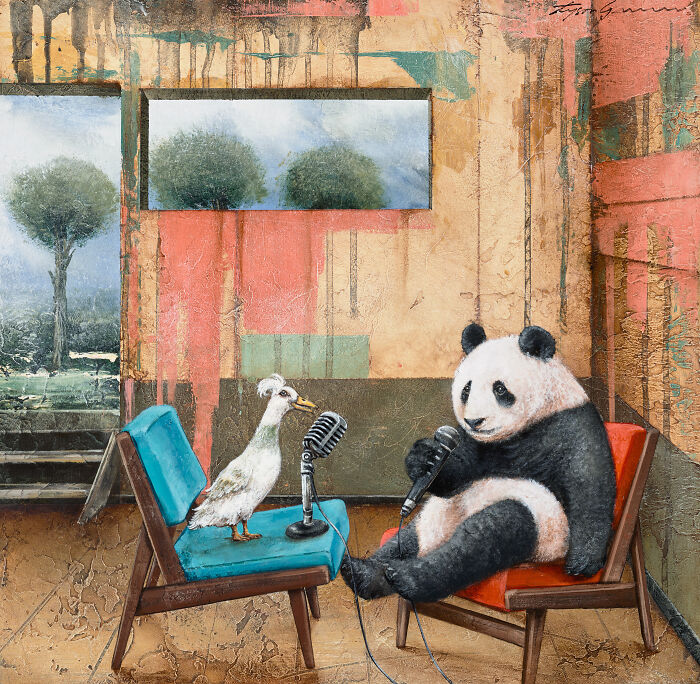 Surreal animal paintings featuring a panda and duck holding microphones in a dreamy storybook setting.