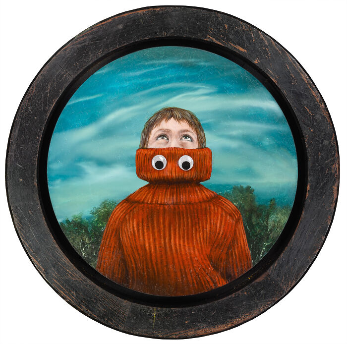 Surreal animal painting of a person wearing a red sweater with googly eyes, set against a dreamy sky and trees background.