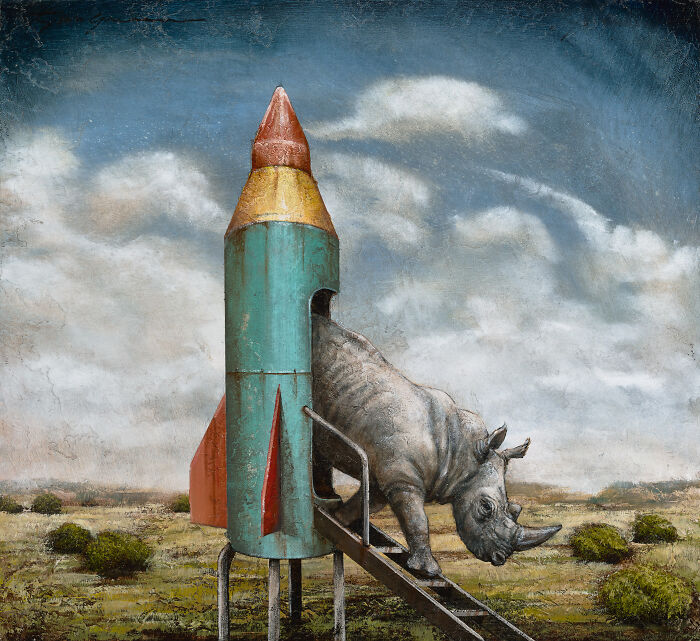 Surreal animal painting of a rhinoceros emerging from a rocket in a dreamy storybook landscape.