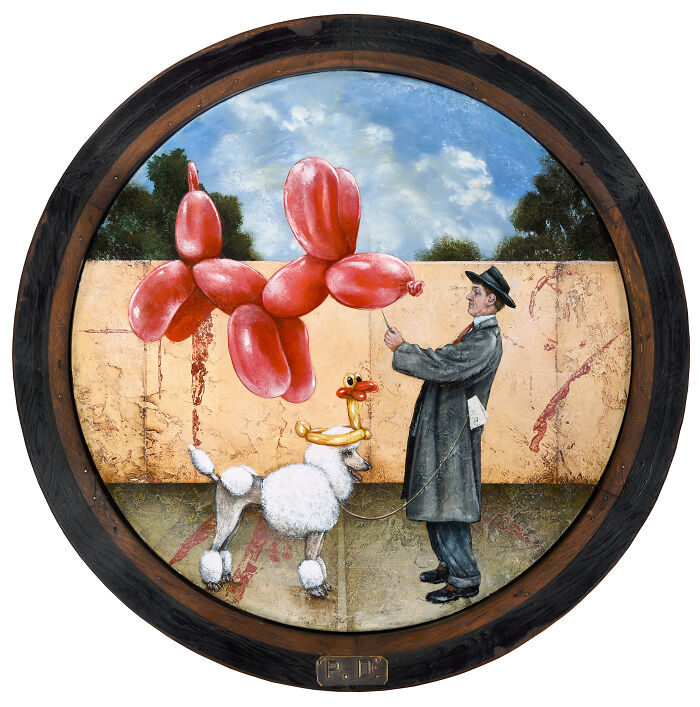Surreal animal painting of a man with a poodle and a large red balloon dog in a dreamy storybook style.