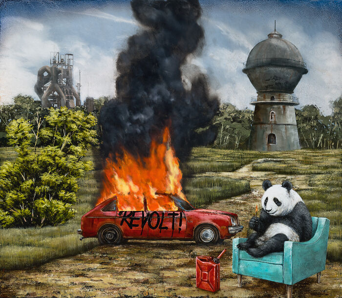 Surreal animal painting of a panda holding a matchstick by a burning car with revolt graffiti in a dreamy storybook style.