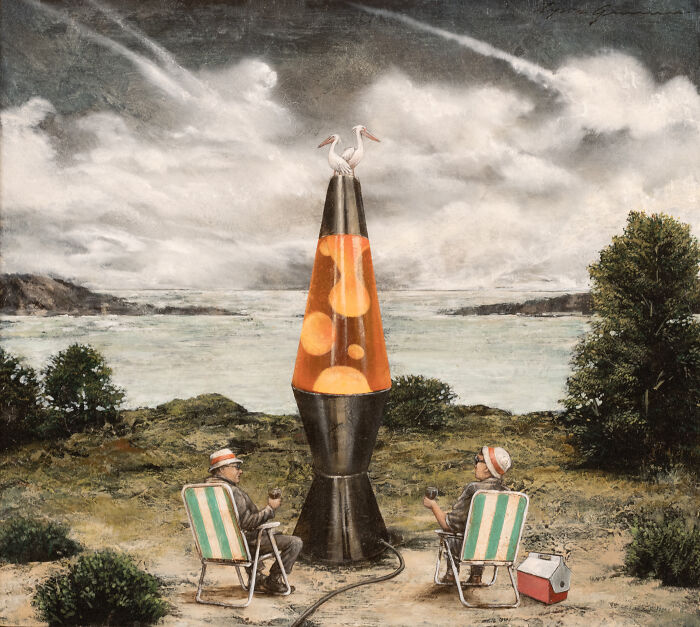 Surreal animal paintings featuring dreamlike scenes with animals and lava lamp set in a peaceful outdoor landscape.
