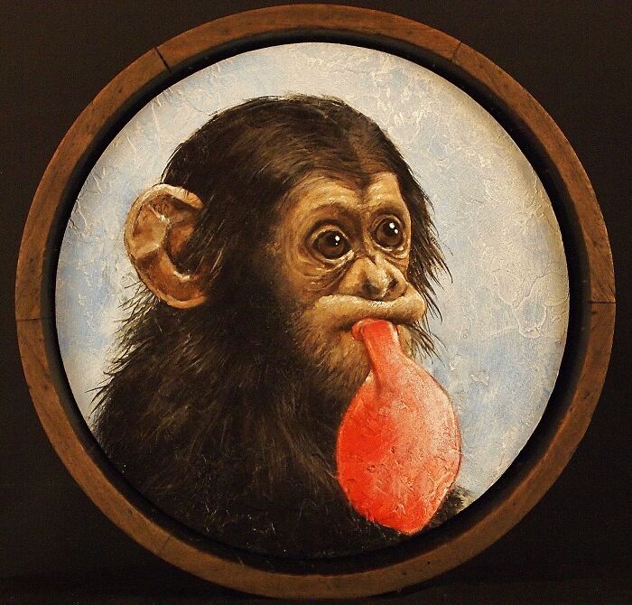 Surreal animal painting of a young monkey with large eyes and a bright red tongue against a textured blue background.