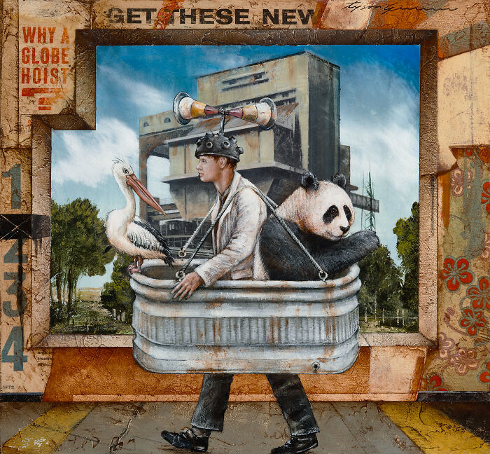Surreal animal paintings featuring a man carrying a pelican and panda in a tub with dreamy storybook style background.