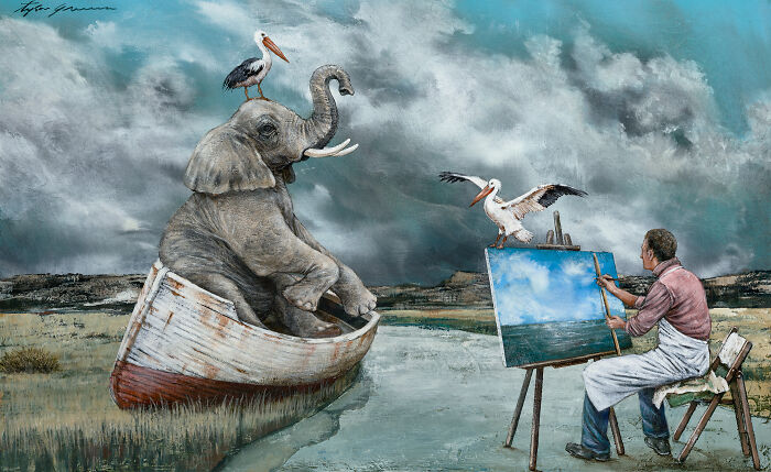 Surreal animal paintings featuring an elephant in a boat and birds near an artist painting a lakeside scene.