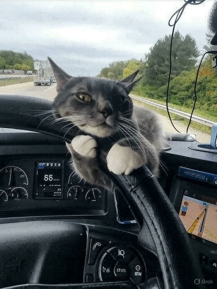 Gato divertido descansando sobre el volante dentro de un vehículo, imagen para fotos de gatos en redes sociales.
