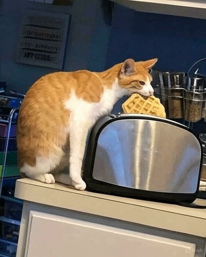 Gato naranja y blanco robando un waffle de una tostadora en una divertida foto de gatos en casa.